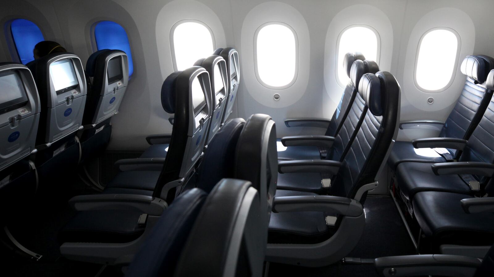 IN FLIGHT - MAY 11: Many of the seats aboard a United Airlines flight sit empty on May 11, 2020 in flight to Houston, Texas in San Francisco. Air travel is down as estimated 94 percent due to the coronavirus (COVID-19) pandemic, causing U.S. airlines to take a major financial hit with losses of $350 million to $400 million a day and nearly half of major carriers airplanes are sitting idle.