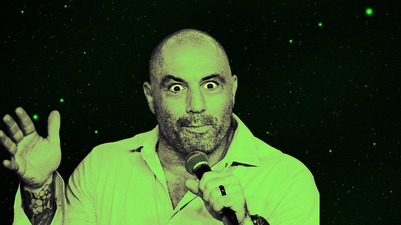 An illustration including a photo of Joe Rogan