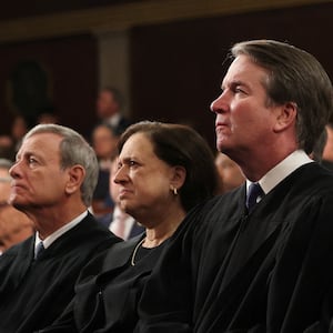 Chief Justice of the Supreme Court John Roberts, Justice Elena Kagan, Justice Brett Kavanaugh, Justice Amy Coney Barrett, and retired Justice Anthony Kennedy attend U.S. President Donald Trump's address to a joint session of Congress at the U.S. Capitol on March 04, 2025 in Washington, DC.