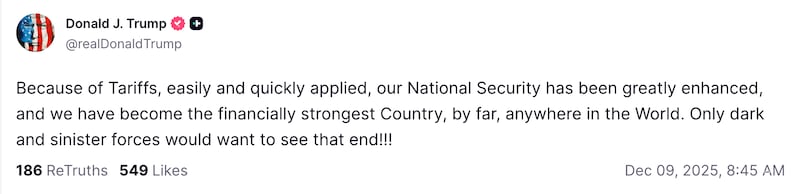 A screenshot of Trump's dark and sinister forces post.