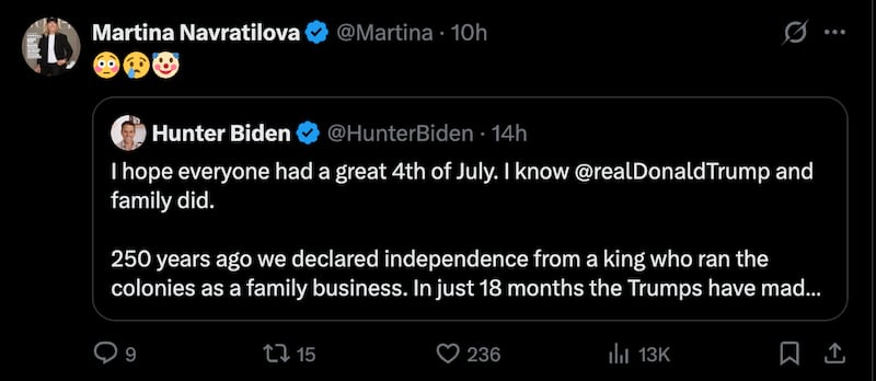 Tennis legend Martina Navratilova showed her support for Biden simply.
