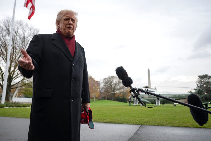 President Donald Trump speaks to reporters as he departs the White House on November 22, 2025 in Washington, DC.