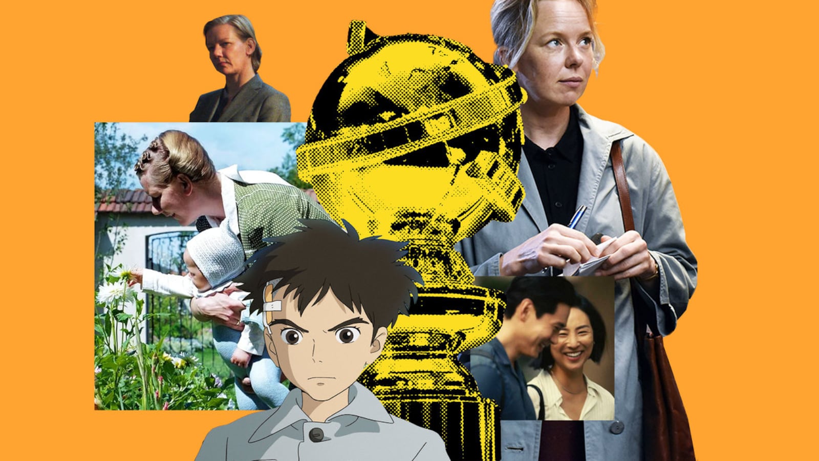 A photo illustration shows stills from Anatomy of a Fall, The Zone of Interest, Past Lives, The Boy and the Heron, and Fallen Leaves around a Golden Globe.
