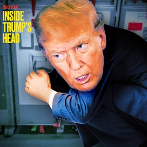 A photo illustration of Donald Trump hiding in an airplane catering cargo hold for Inside Trump's Head podcast.