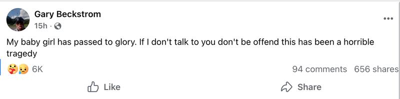 Gary Beckstron Facebook post confirming daughter's death.