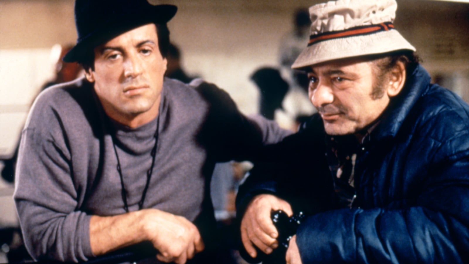 American actor Burt Young with actor and screenwriter Sylvester Stallone on the set of Rocky V