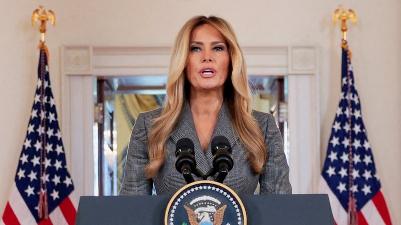 U.S. first lady Melania Trump delivers remarks regarding the late financier and convicted sex offender Jeffrey Epstein from the Grand Foyer of the White House in Washington, D.C., U.S., April 9, 2026. REUTERS/Evan Vucci