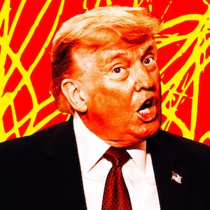 A photo illo illustration of Donald Trump and red yellow background.