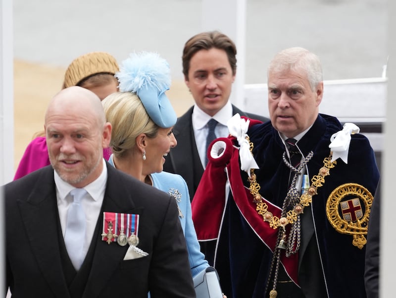 Mike Tindall, Zara Tindall, Edoardo Mapelli Mozzi and Prince Andrew arrive for the coronation ceremony of Britain's King Charles and Queen Camilla at Westminster Abbey, in London, Britain May 6, 2023. Dan Charity/Pool via REUTERS