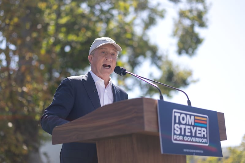 Billionaire California gubernatorial candidate Tom Steyer, speaking at a Get Out the Vote rally at Los Angeles Trade Technical College on Sunday, May 31, 2026, poured more than $200 million into ads in the race.