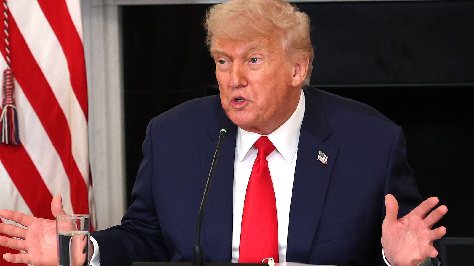 President Donald Trump delivers remarks alongside Speaker of the House Mike Johnson (R-LA) in the State Dinning room at the White House on June 09, 2025 in Washington, DC.
