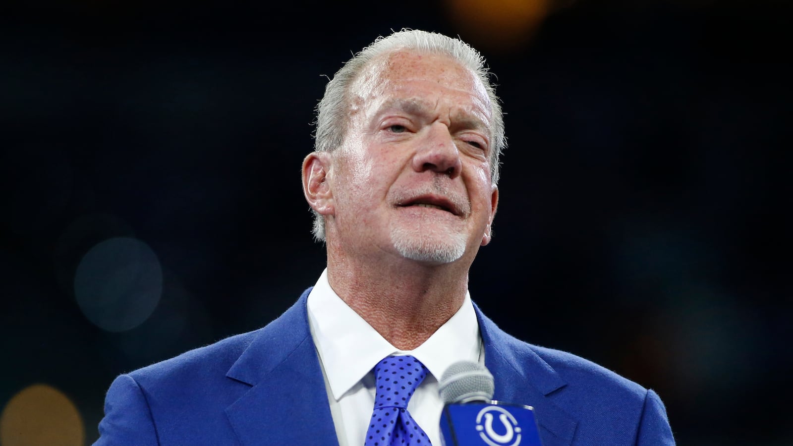 INDIANAPOLIS, INDIANA - NOVEMBER 10: Indianapolis Colts owner Jim Irsay talks to the fans during the Dwight Freeney induction to the Indianapolis Colts Ring of Honor at Lucas Oil Stadium on November 10, 2019 in Indianapolis, Indiana. (Photo by Justin Casterline/Getty Images)