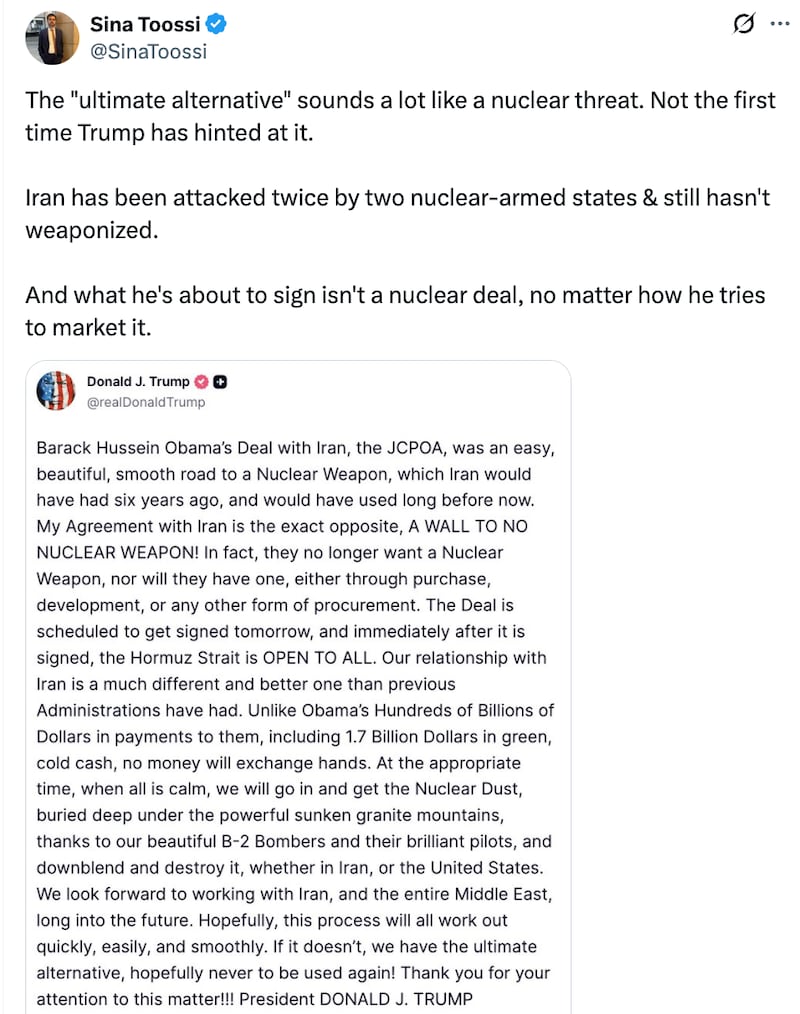 Donald Trump appears to raise the threat—again—of a nuclear attack on Iran if it doesn't come to heel.