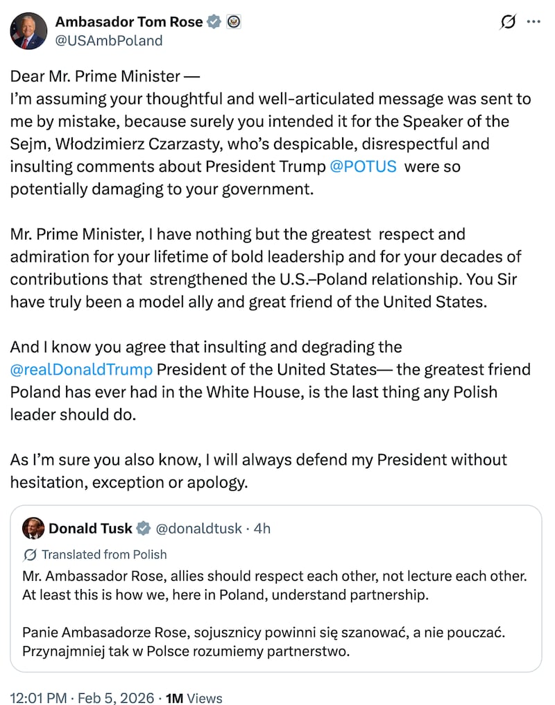 US Ambassador Tom Rose's response to Prime Minister Donald Tusk on X.