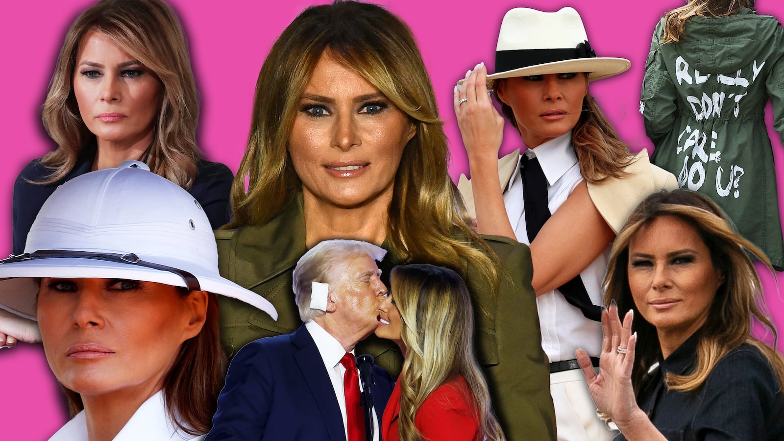 A collage of Melania Trump in various outfits and kissing her husband Donald