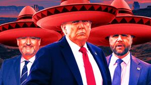 A photo illustration of Ted Cruz, Donald Trump, and JD Vance in sombreros.
