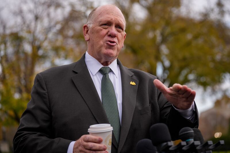 WASHINGTON, DC - NOVEMBER 14: White House Border Czar Tom Homan stops to speaks to reporters following a video interview on the North Lawn outside of the White House on November 14, 2025 in Washington, DC. Homan has been accused of taking a $50,000 bribe from undercover FBI agents. (Photo by Andrew Harnik/Getty Images)