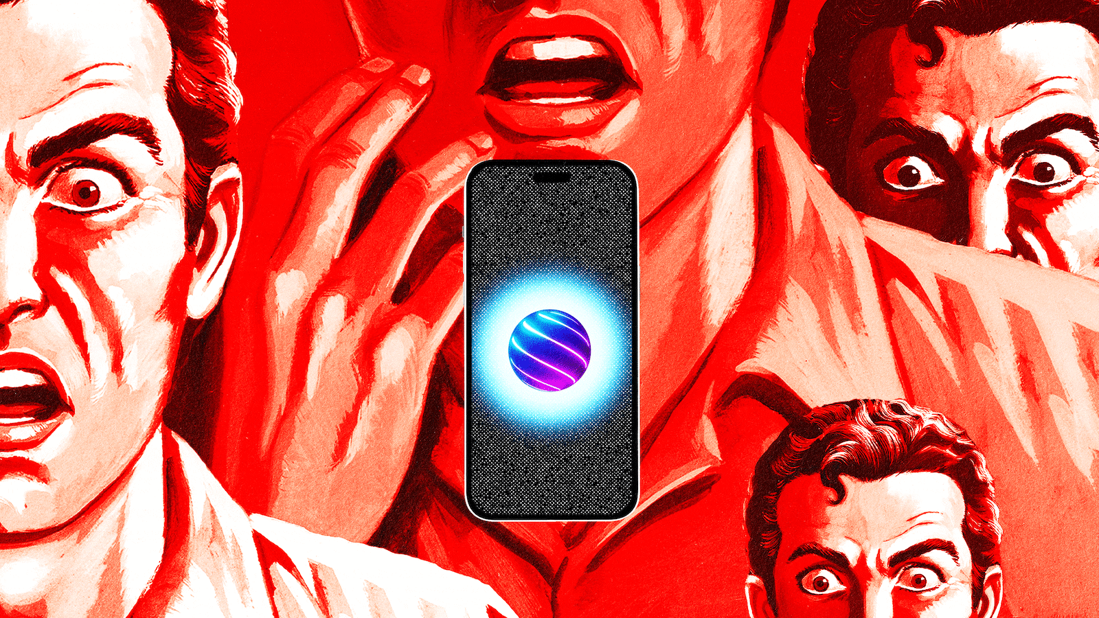 Numerous scared faces in black and red gawk at a cell phone glowing with an AI software blinking