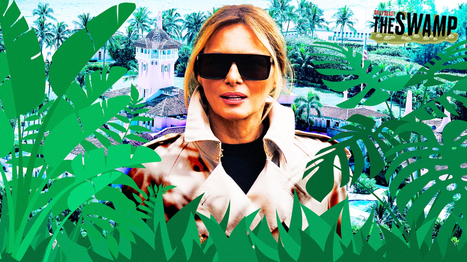 A photo illustration of Melania Trump at Mar-A-Lago for The Swamp.