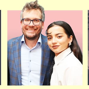 A photo illustration of John Green and Isabela Merced