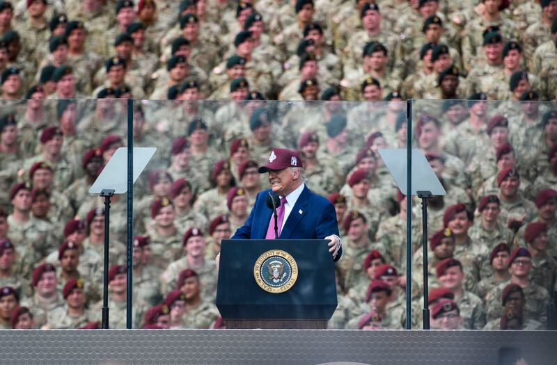 President Donald Trump speaks during a rally with thousands of U.S. Army troops on June 10, 2025 at Fort Bragg