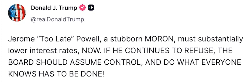 Donald Trump posts on Truth Social about Jerome Powell.
