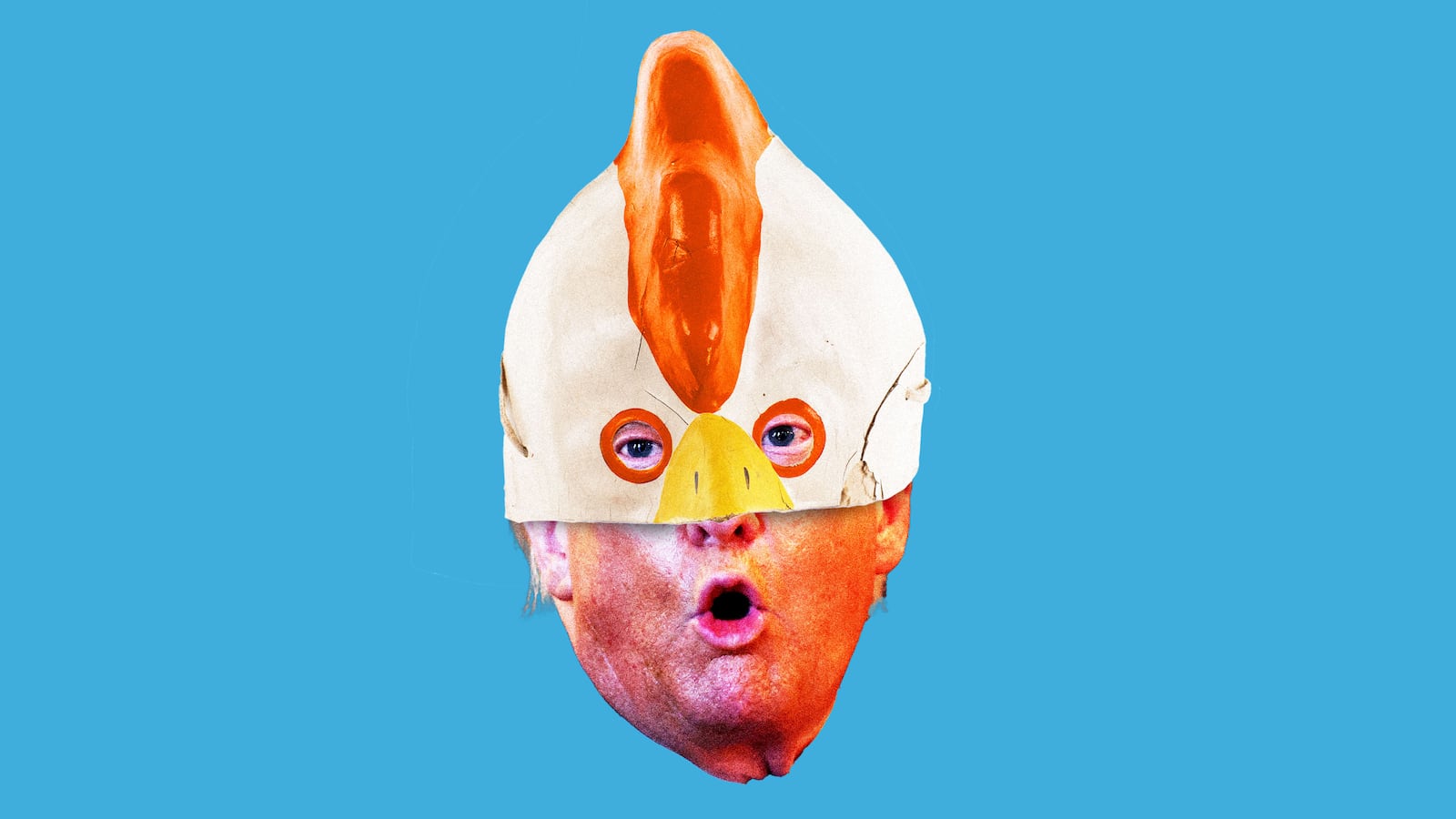 Donald Trump with a chicken mask on his head