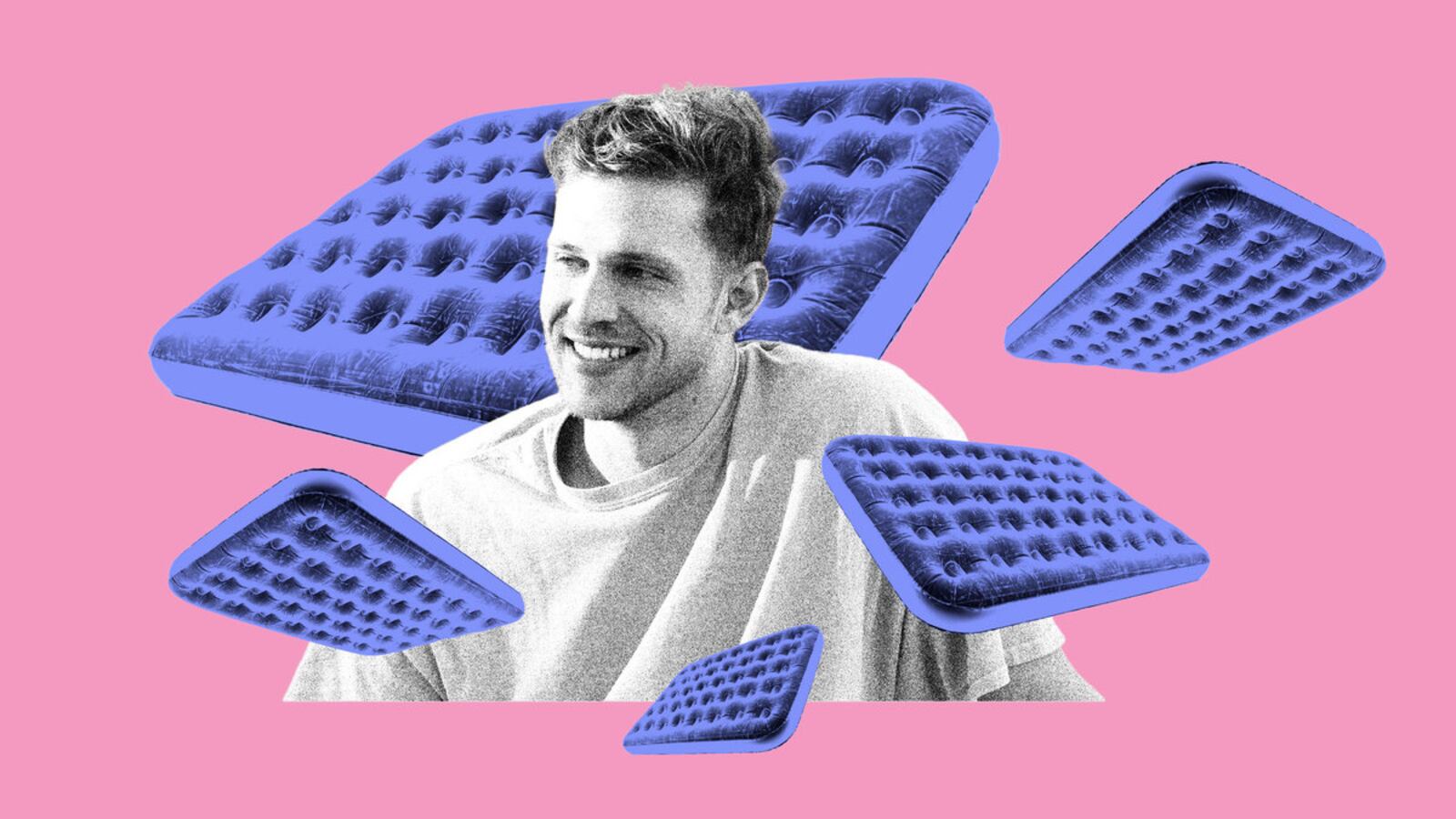 A photo illustration shows Antonio Mattei surrounded by air mattresses on a pink background