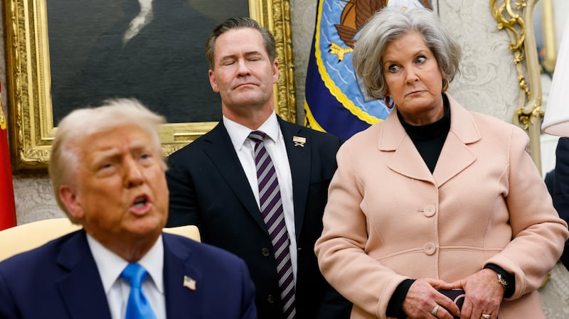 WASHINGTON, DC - FEBRUARY 04: (L-R) U.S. President Donald Trump, accompanied by U.S. National Security Adviser Michael Waltz, and White House Chief of Staff Susie Wiles, speaks during a meeting with Israeli Prime Minister Benjamin Netanyahu in the Oval Office of the White House on February 04, 2025 in Washington, DC. Netanyahu is the first foreign leader to visit Trump since he returned to the White House last month. (Photo by Anna Moneymaker/Getty Images)