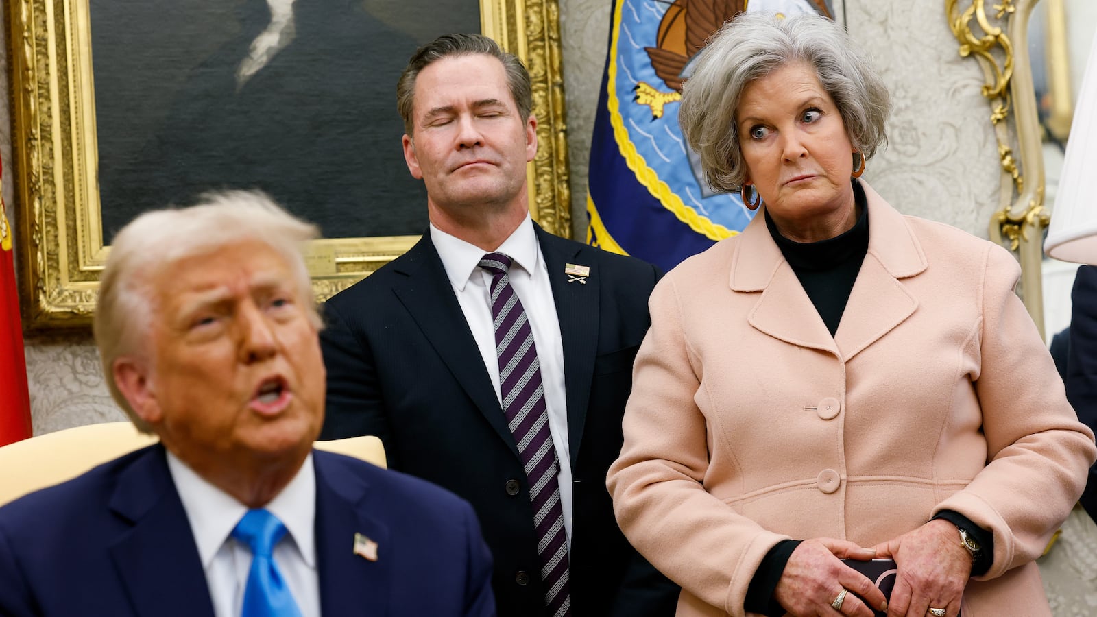 WASHINGTON, DC - FEBRUARY 04: (L-R) U.S. President Donald Trump, accompanied by U.S. National Security Adviser Michael Waltz, and White House Chief of Staff Susie Wiles, speaks during a meeting with Israeli Prime Minister Benjamin Netanyahu in the Oval Office of the White House on February 04, 2025 in Washington, DC. Netanyahu is the first foreign leader to visit Trump since he returned to the White House last month. (Photo by Anna Moneymaker/Getty Images)