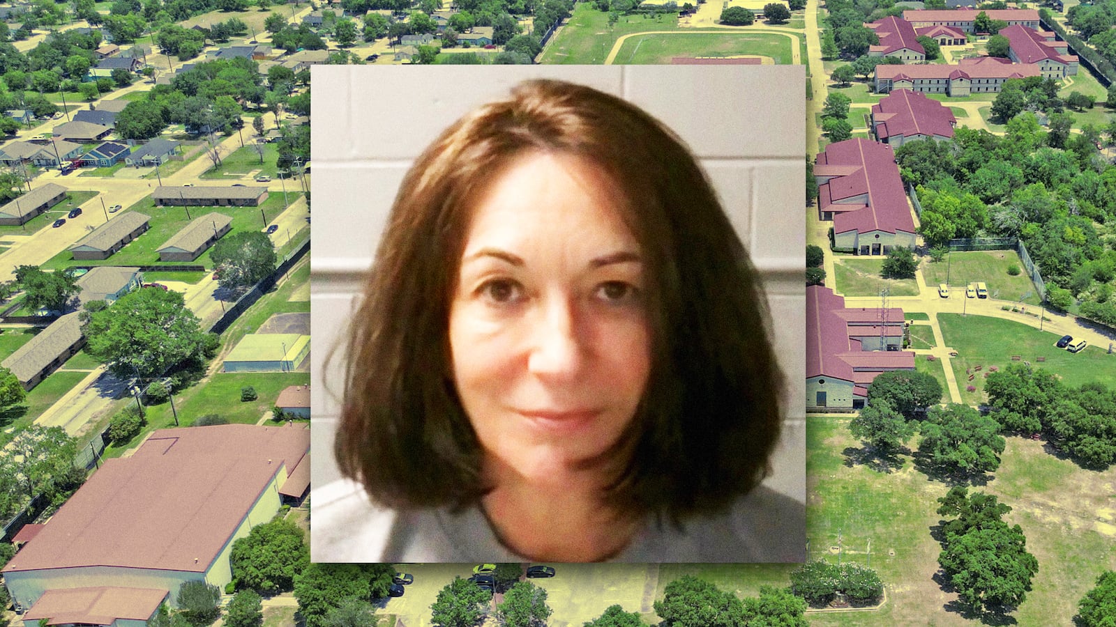 A photo illustration of Ghislaine Maxwell and Federal Prison Camp, Bryan in Texas.