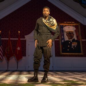 Ato Blankson-Wood performing Hamlet in Central Park during The Public’s Free Shakespeare in the Park