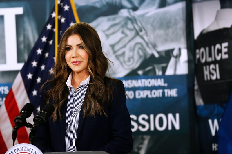Department of Homeland Security Secretary Kristi Noem speaks during a press conference at a federal office building on October 20, 2025