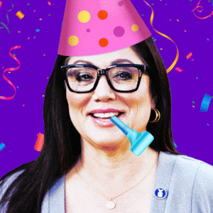 An animated GIF of Lori Chavez-Deremer wearing a birthday hat and confetti.