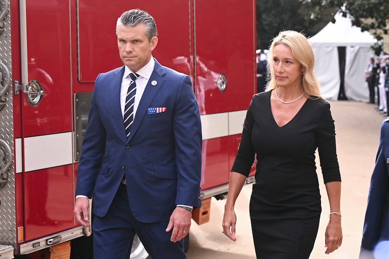 Secretary of Defense Pete Hegseth, his wife, Jennifer Rauchet arrive for a 9/11 observance ceremony at the National 9/11 Pentagon Memorial