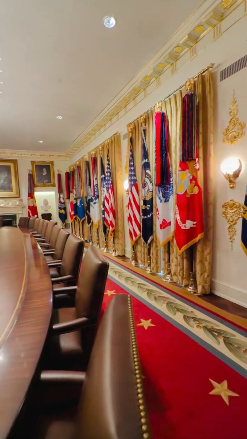 Decorative ceiling medallions and gold trim now surround the Cabinet Room.
