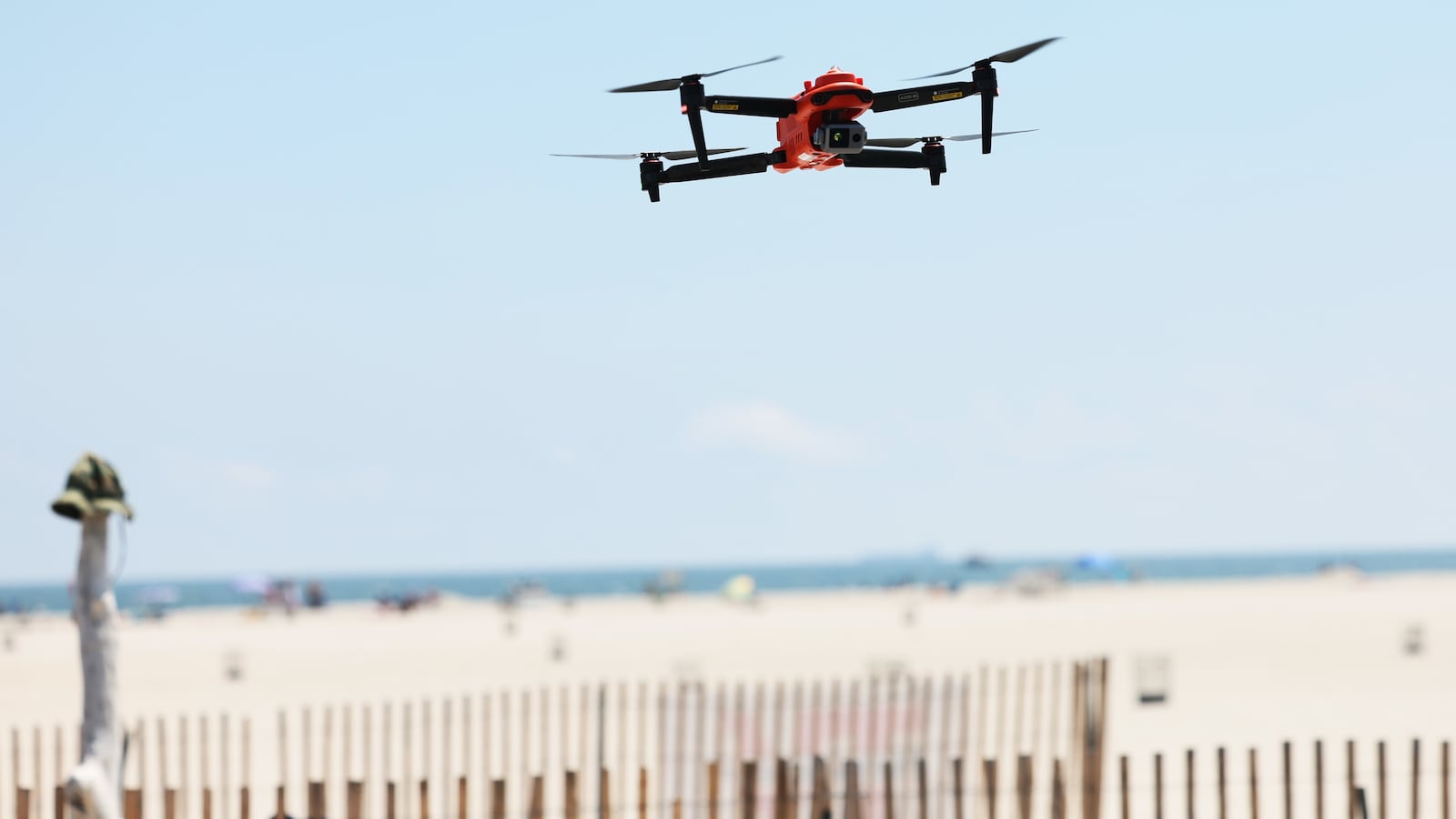 A new shark-monitoring drone is seen as it prepares to monitor the waters for sharks at Jones Beach State Park on July 07, 2023 in Wantagh, New York.