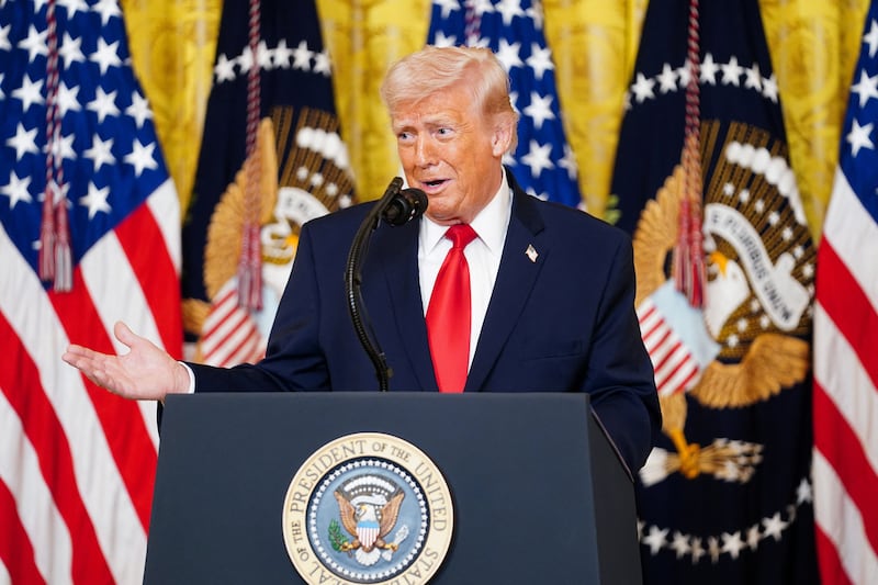 U.S. President Donald Trump speaks during a Women's History Month event, in the East Room of the White House in Washington, D.C., U.S. March 12, 2026. REUTERS/Nathan Howard