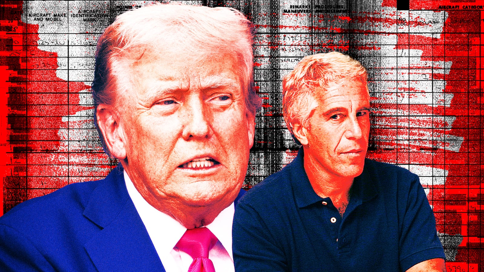 A photo illustration of AG Pam Bondi, Jeffrey Epstein, and excerpts of Epstein's flight log and address book.