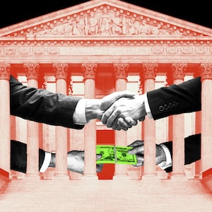 Supreme Court with hands shaking and passing money