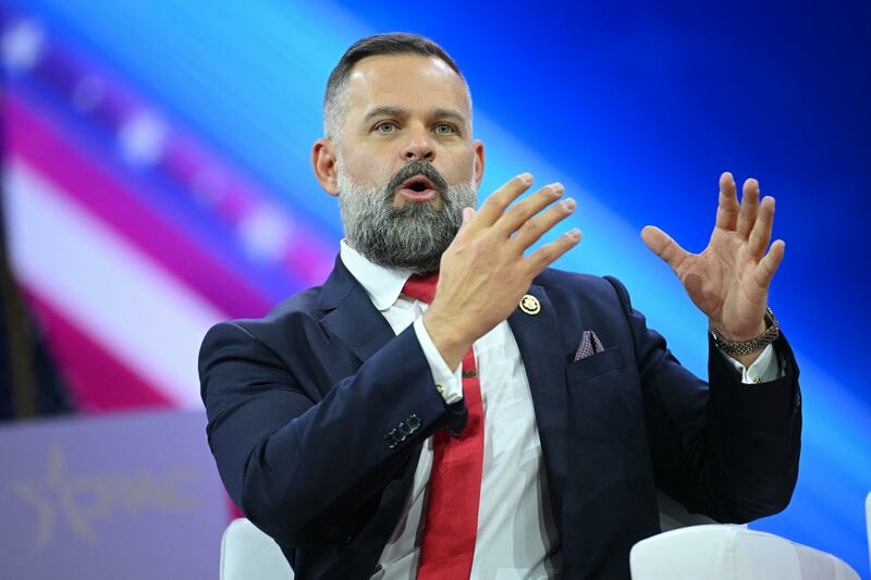 Cory Mills speaks during the annual Conservative Political Action Conference (CPAC) meeting on February 23, 2024, in National Harbor, Maryland.
