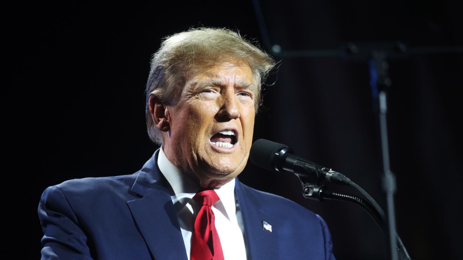 Republican U.S. presidential candidate and former President Donald Trump speaks at the National Rifle Association presidential forum at the Great American Outdoor Show on February 09, 2024 in Harrisburg, Pennsylvania.