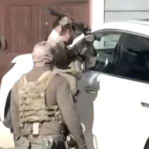 A Border Patrol officer points his gun through the car window at a woman before using the weapon to smash it.