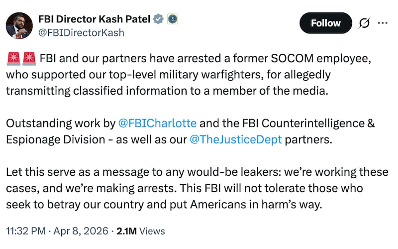 Kash Patel's X.com post.