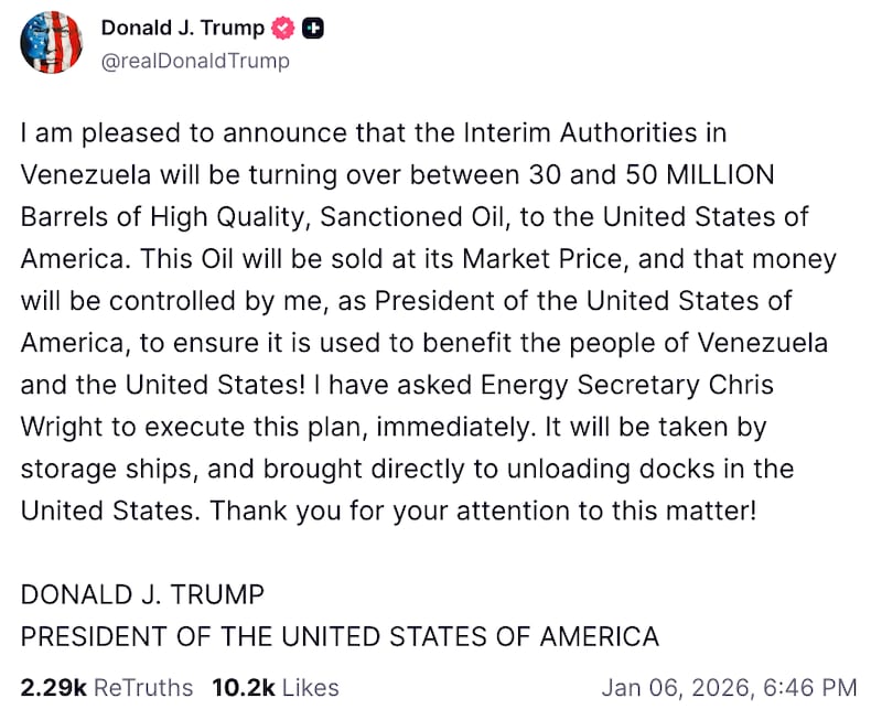 Donald Trump Truth Social post about Venezuela