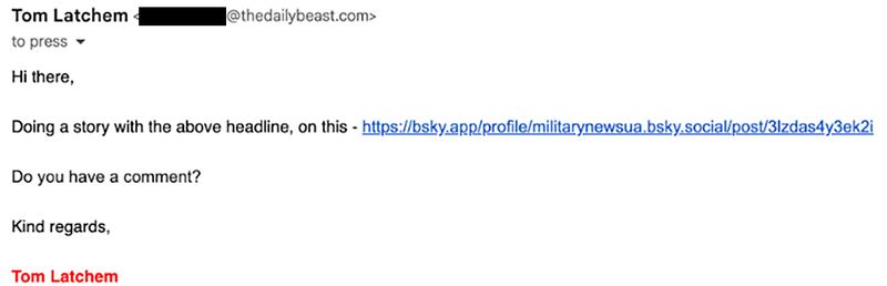 Email correspondence between The Daily Beast reporters and the White House administration. Tom Latchem.