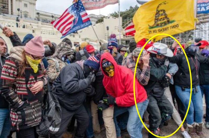 John Banuelos, in a yellow oblong, during the Jan.6 Capitol riot.