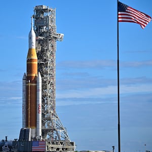 NASA's Artemis II Space Launch System rocket and Orion spacecraft are rolled out of the Vehicle Assembly Building to Launch Pad 39B at Kennedy Space Center in Florida on January 17, 2026, ahead of the crewed lunar mission. (Photo by Miguel J. Rodriguez Carrillo / AFP via Getty Images)