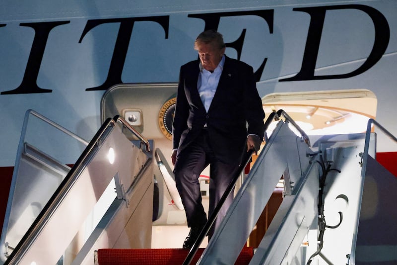 U.S. President Donald Trump arrives aboard the new Qatari-gifted Air Force One, as he returns to Washington after participating in a NATO leaders' summit in Turkey, at Joint Base Andrews, Maryland, U.S., July 9, 2026. REUTERS/Jonathan Ernst