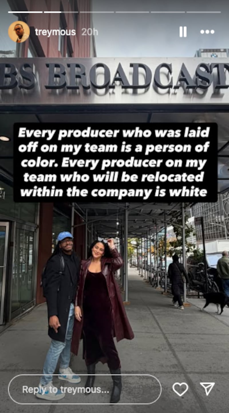 A screenshot from an Instagram story by Trey Sherman saying every producer on his team who was laid off is a person of color.